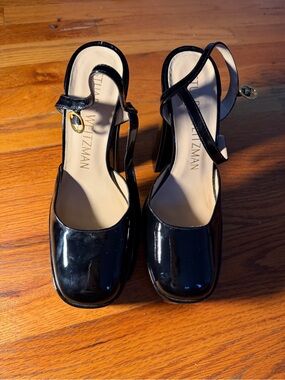 Stuart Weitzman Black Patent Square-Toe Slingback Pumps